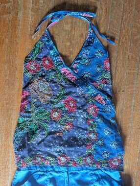 Intricately Beaded Floral Halter Wrap Tank Top Tie Neck Size M